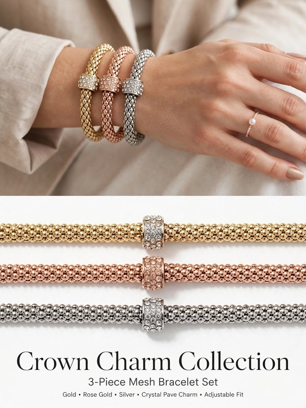 Crown Charm 3-Piece Mesh Bracelet Set - Gold, Rose Gold & Silver